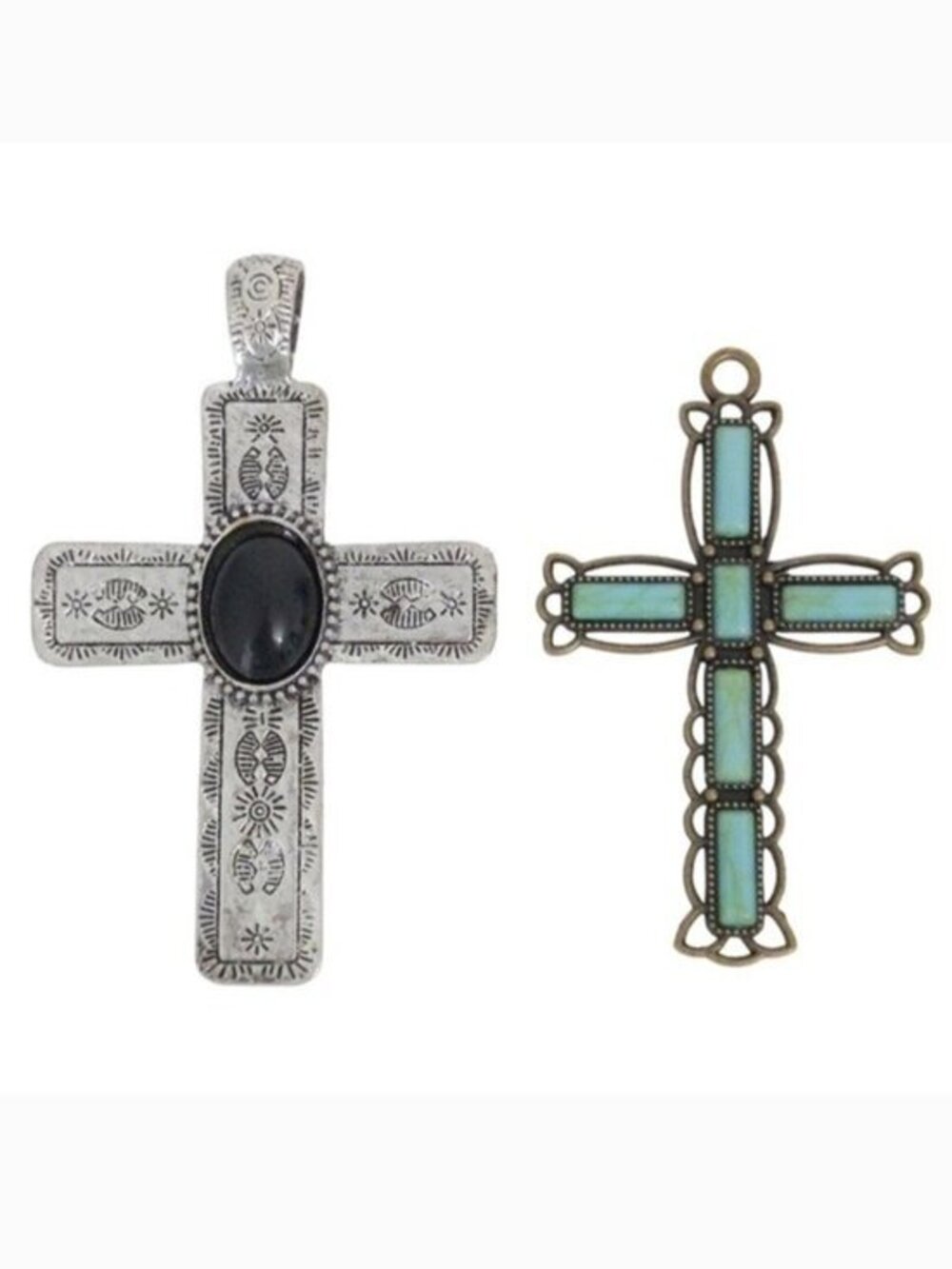Large Christian Cross Turquoise Black Silver Pendants for Necklaces‎ (Set of 2)